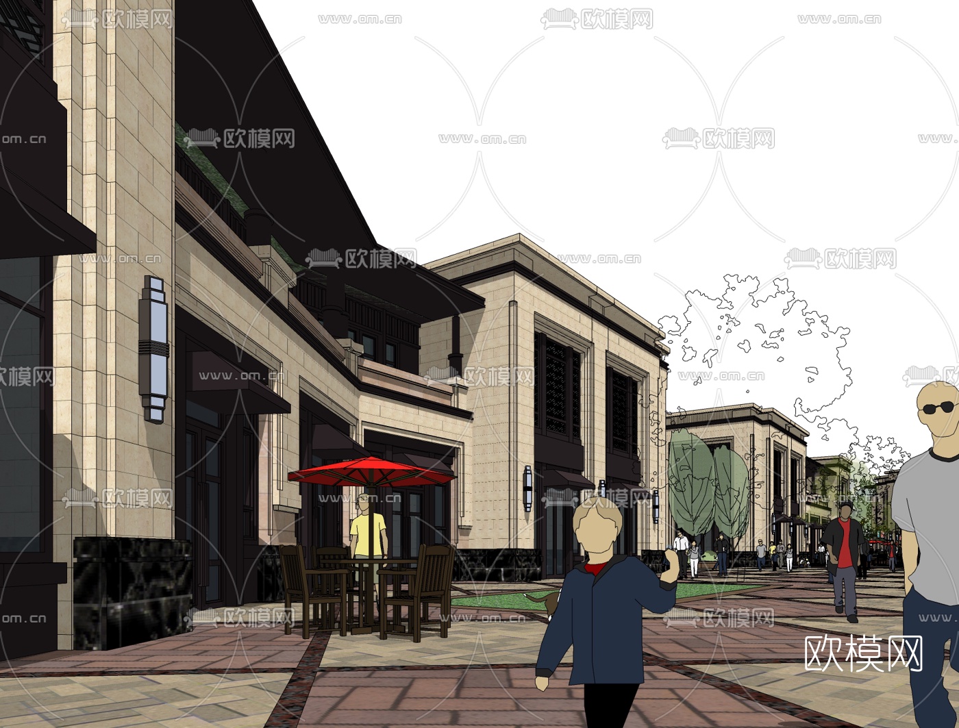 欧式商业街免费su模型下载（渲染图1）