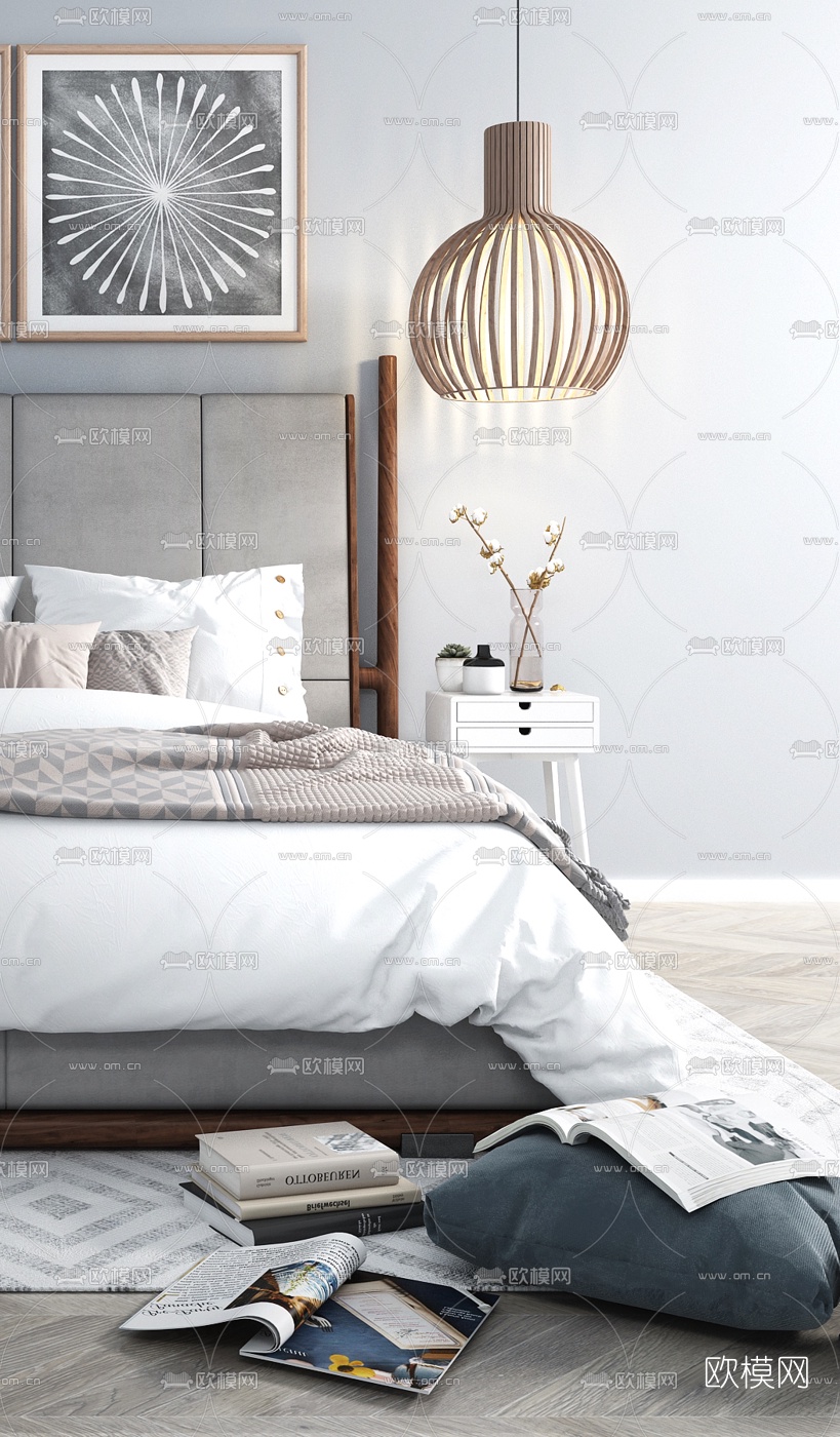 北欧双人床3d模型下载（渲染图2）