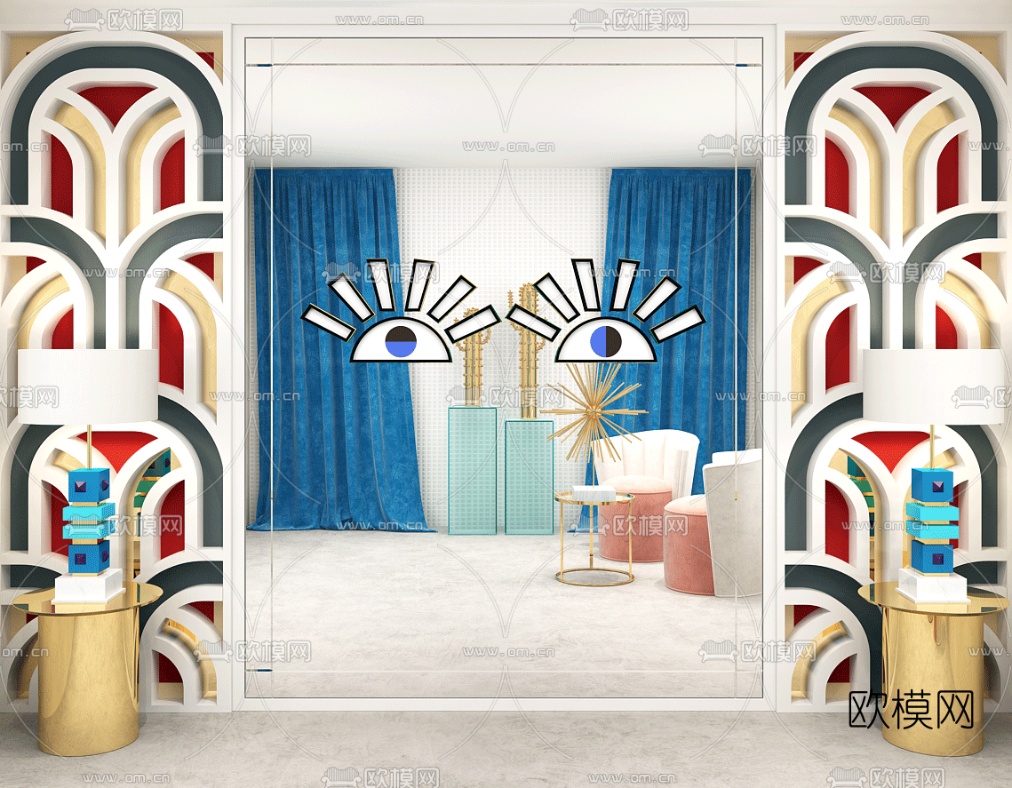 北欧仙人掌装饰背景墙合影区3d模型下载（渲染图1）