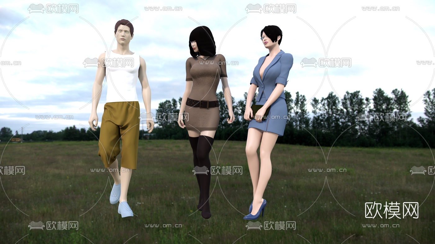 现代三个站姿人物su模型下载