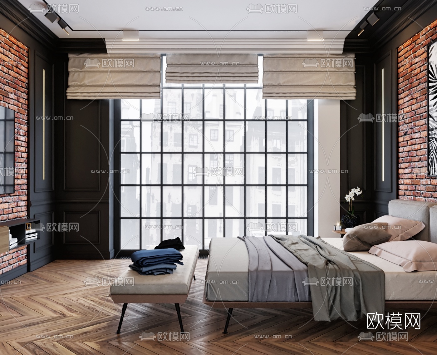 工业风卧室主人房3d模型下载（渲染图1）