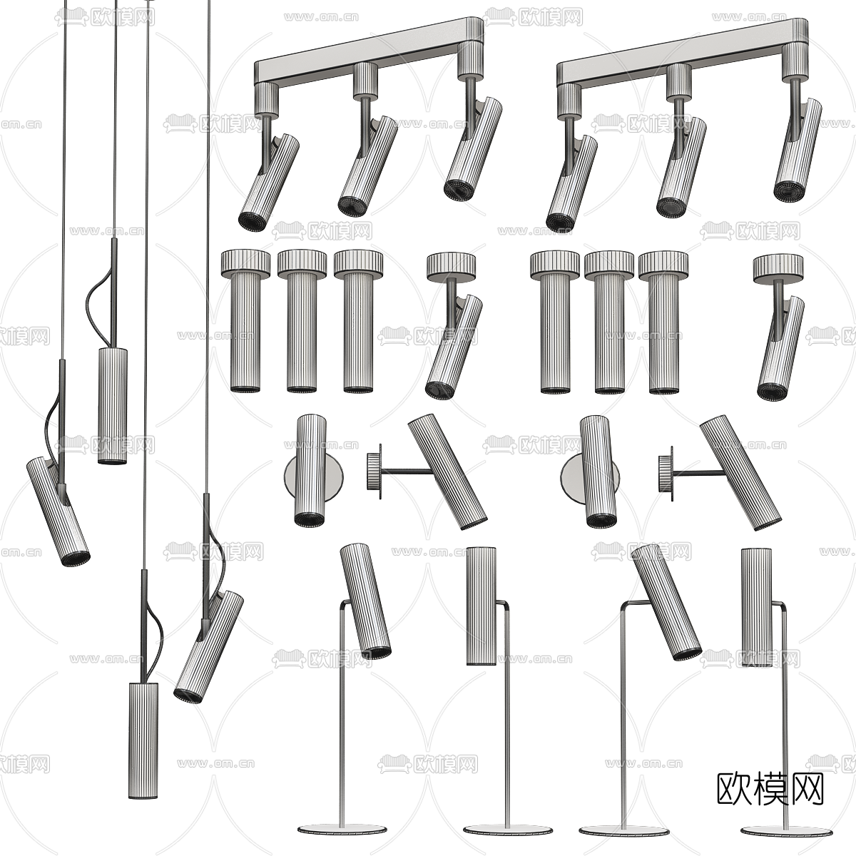 现代直筒吊灯射灯组合3d模型下载（渲染图4）