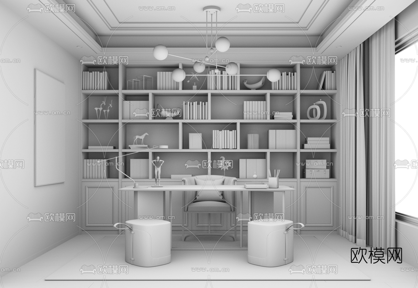 现代轻奢书房su模型