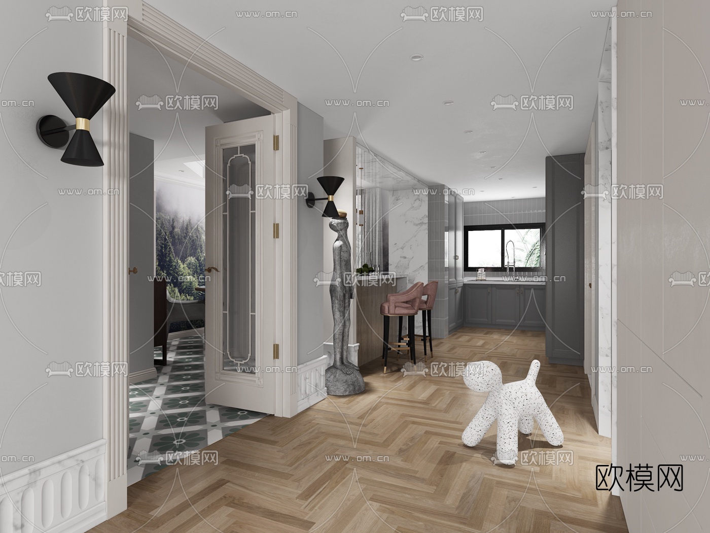 现代轻奢客厅餐厅3d模型