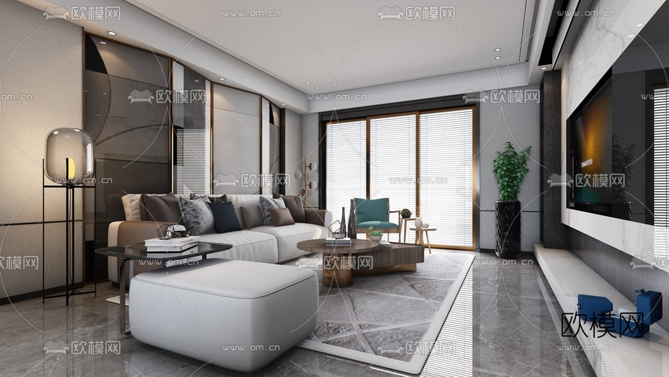 现代轻奢客厅餐厅3d模型下载(渲染图1)
