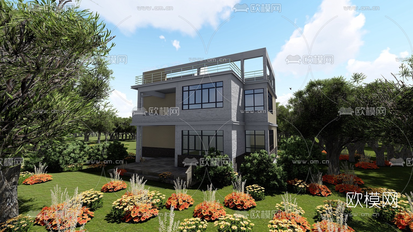 现代别墅外观免费3d模型下载（渲染图1）