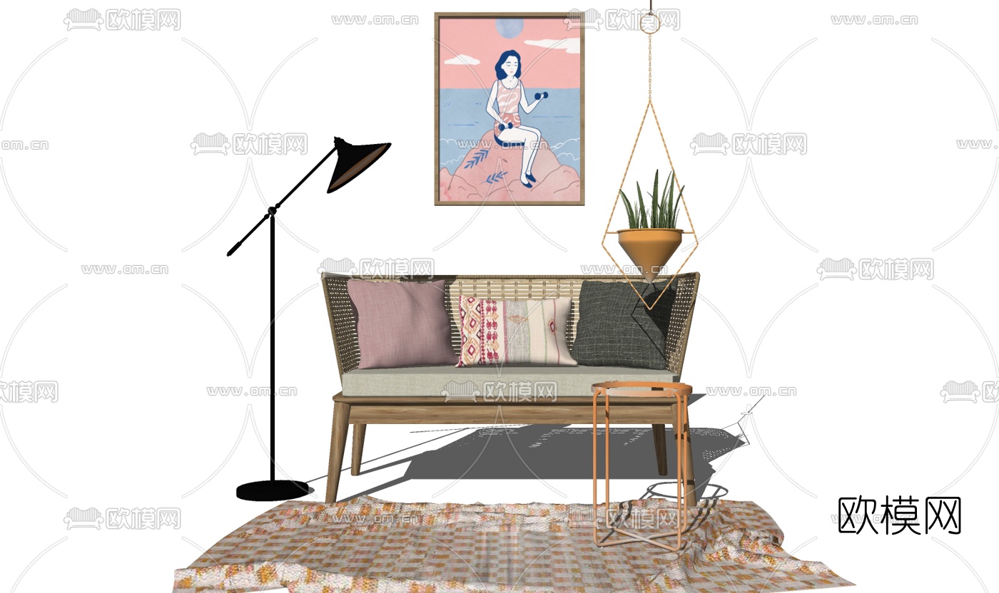 北欧实木藤编休闲沙发su模型下载