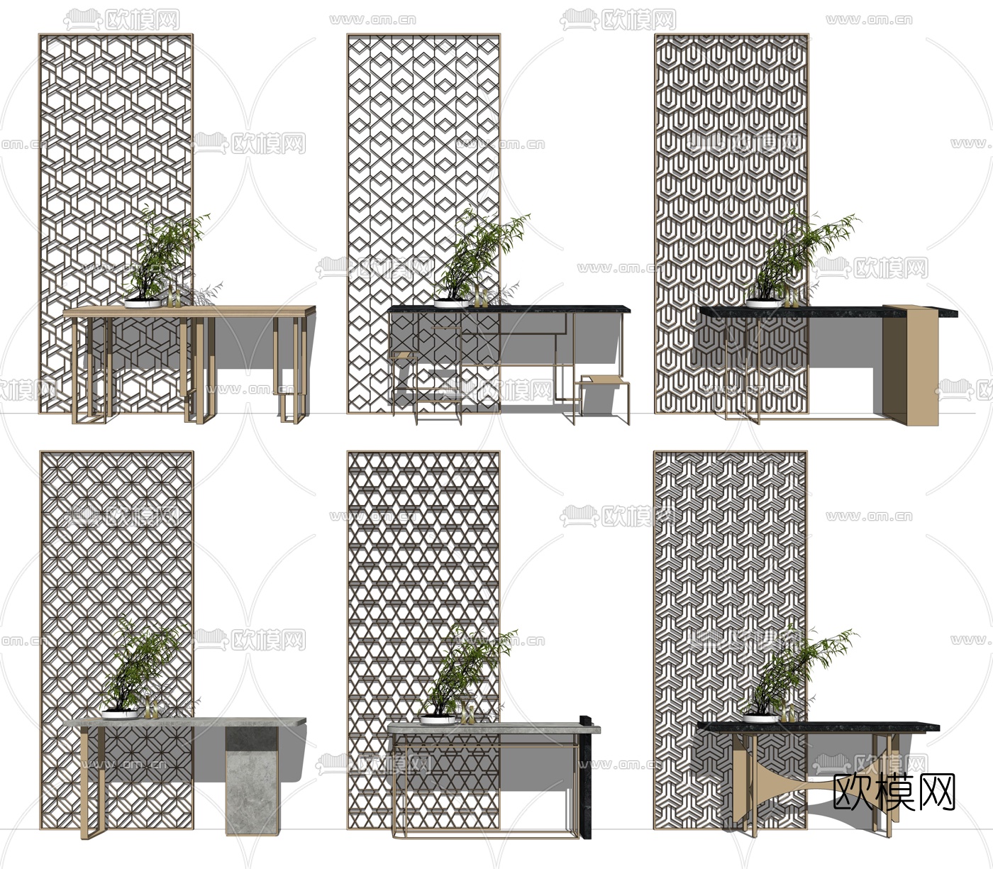 新中式花格端景台组合su模型