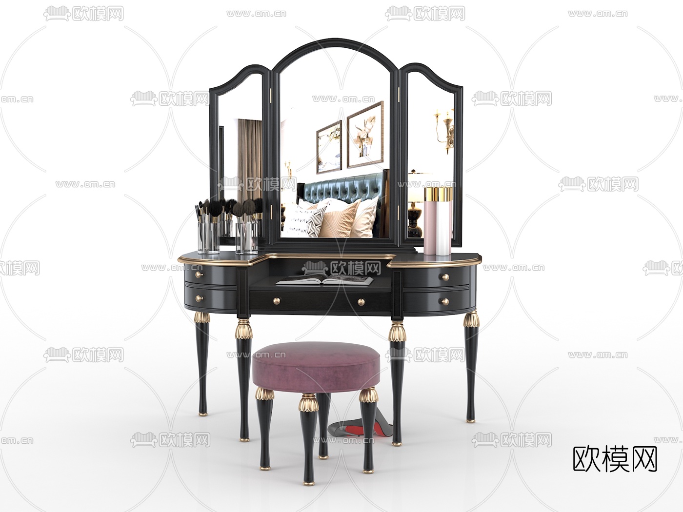 欧式古典一体式梳妆台3d模型下载
