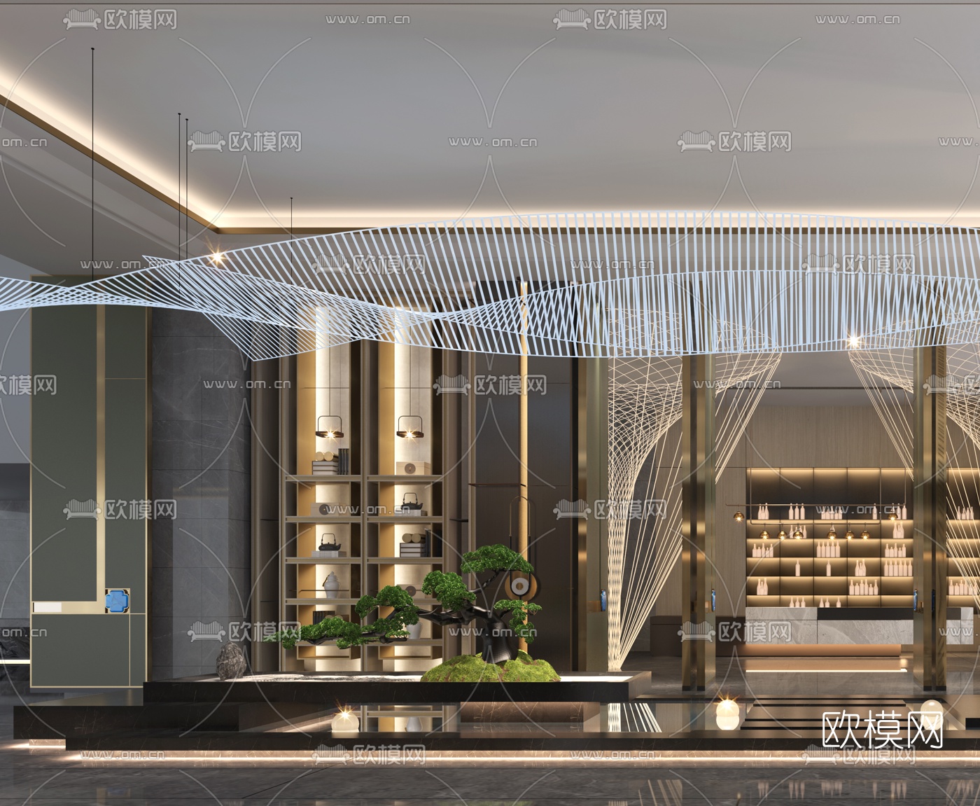 新中式酒店水景过道3d模型
