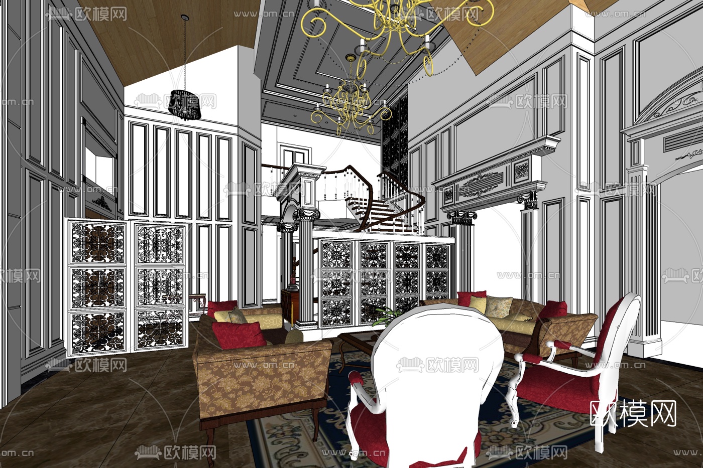 欧式别墅大堂免费su模型下载