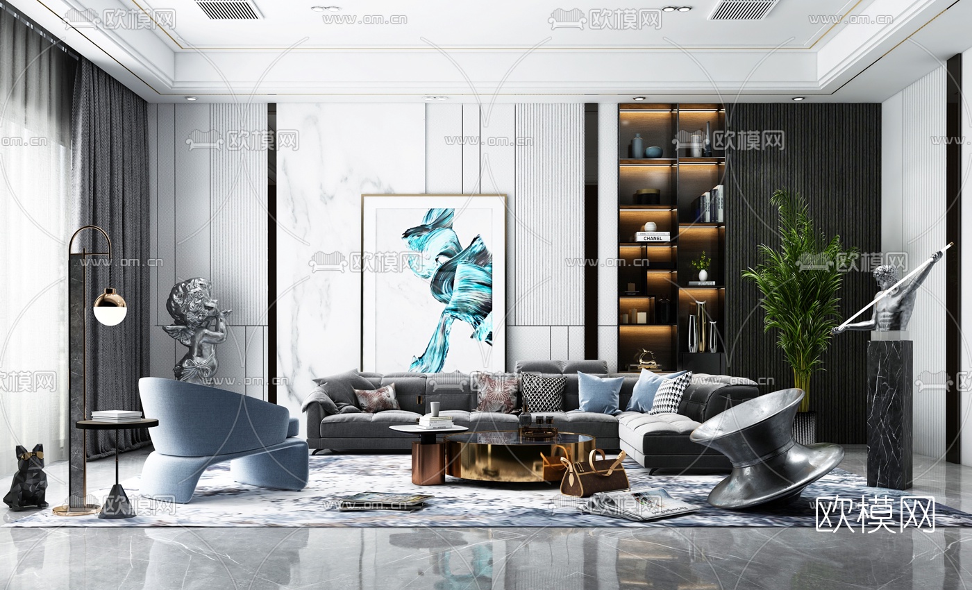 现代布艺转角沙发组合3d模型