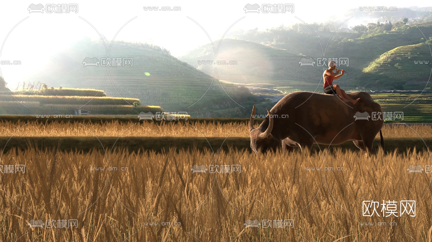 自然风牧童麦田景观3d模型下载（渲染图1）