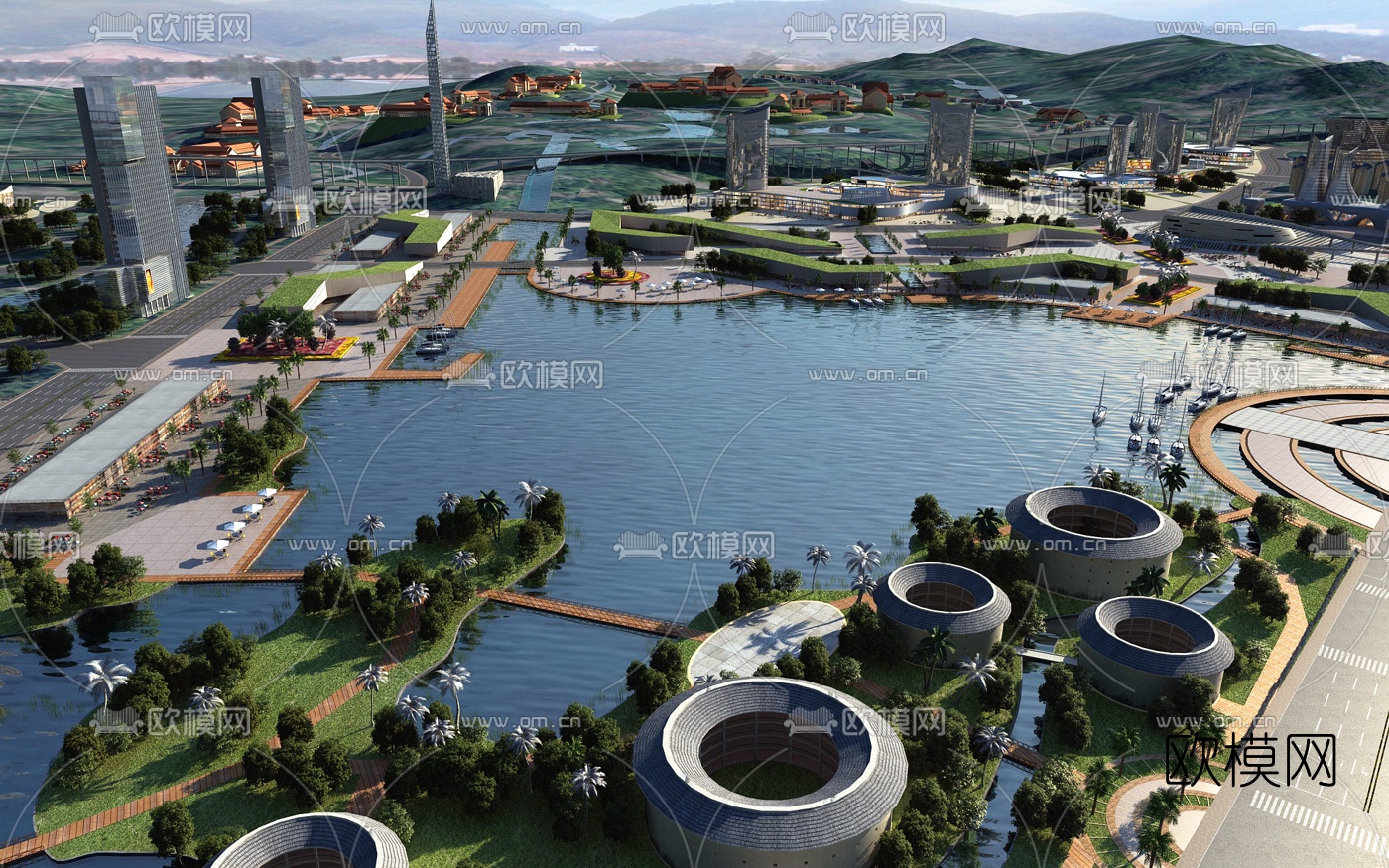 现代湖滨公园景观鸟瞰3d模型下载