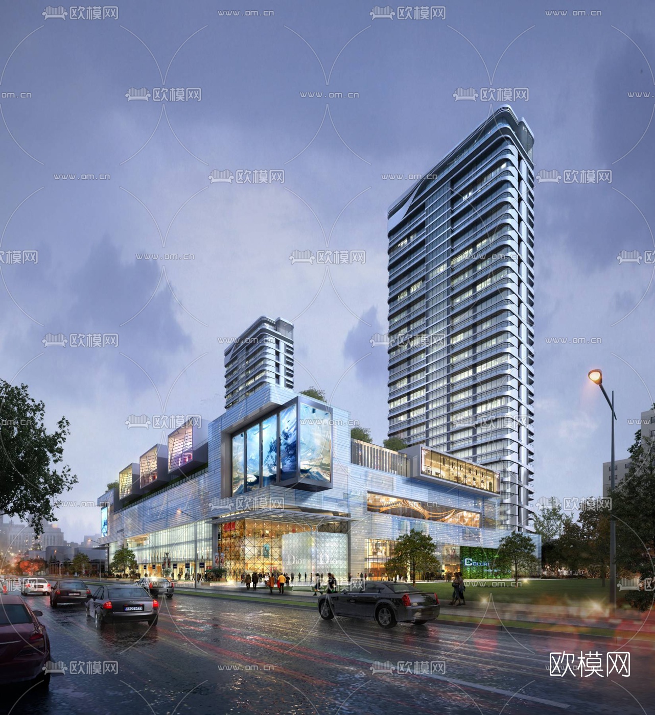 现代夜景商业街建筑外观3d模型下载（渲染图1）