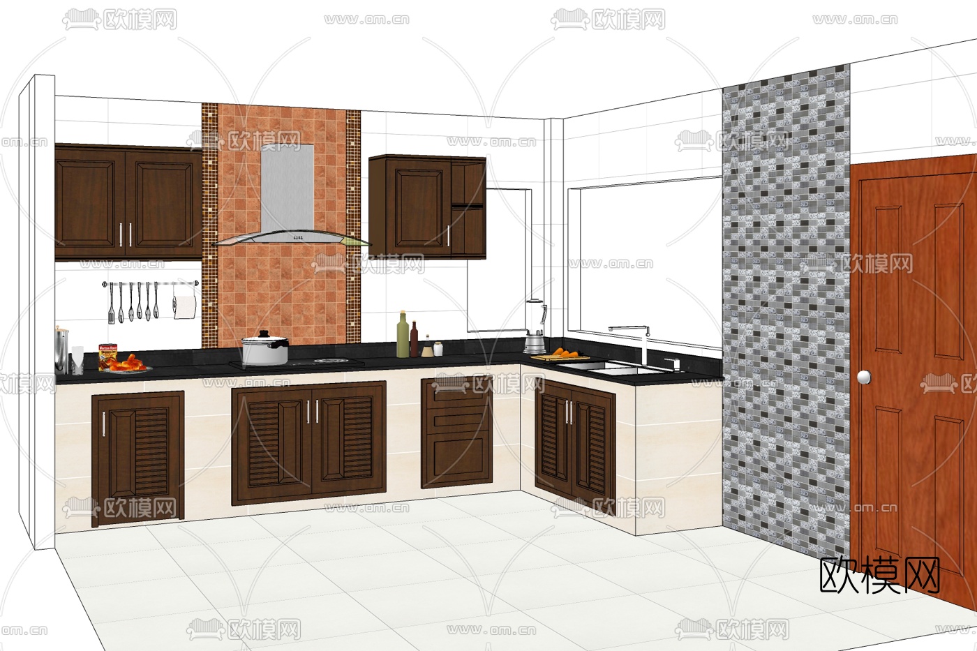 现代开放式厨房免费su模型下载