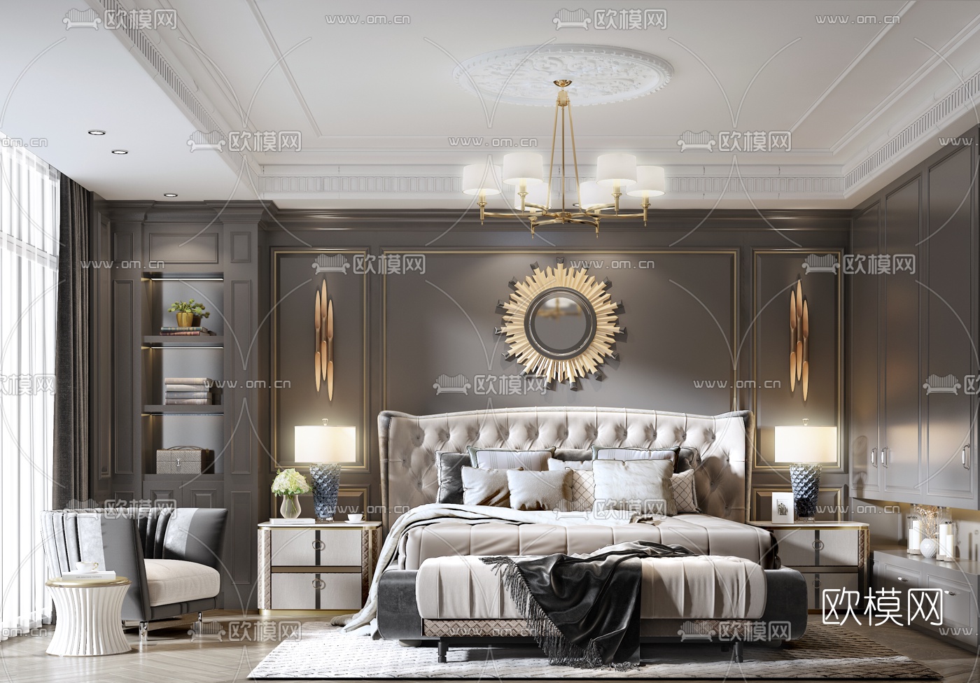 美式卧室主人房3d模型下载（渲染图1）