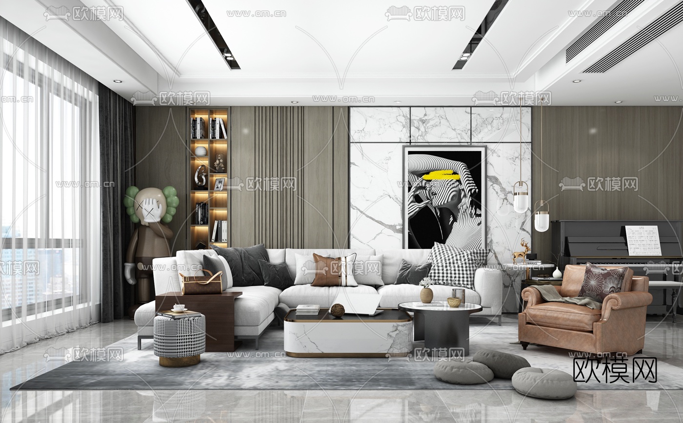 现代轻奢布艺转角沙发组合3d模型下载