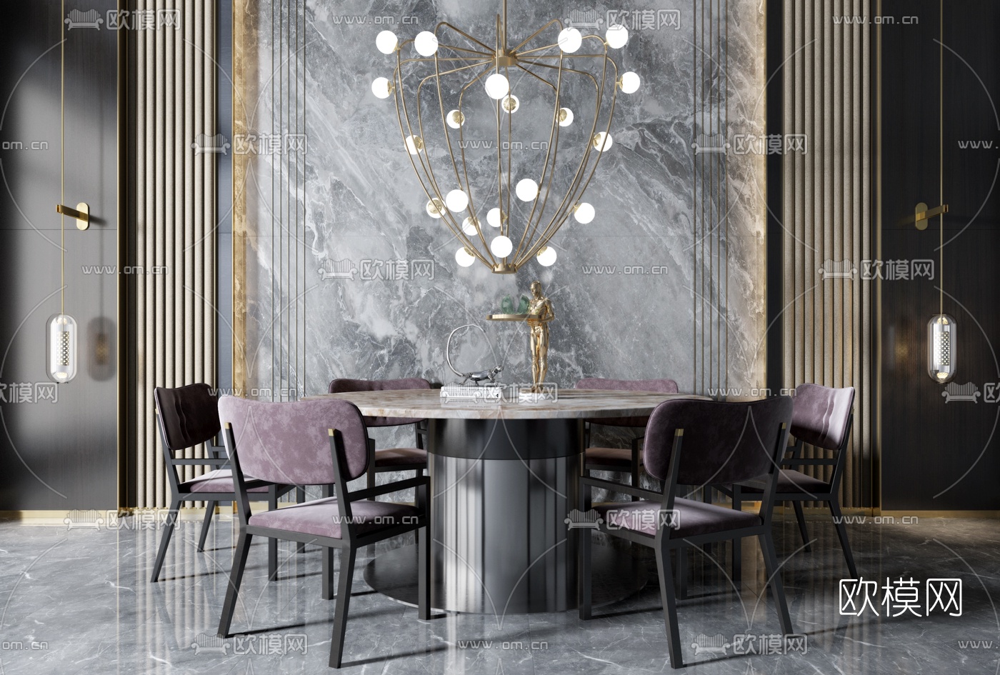 后现代大理石餐桌椅3d模型下载（渲染图1）