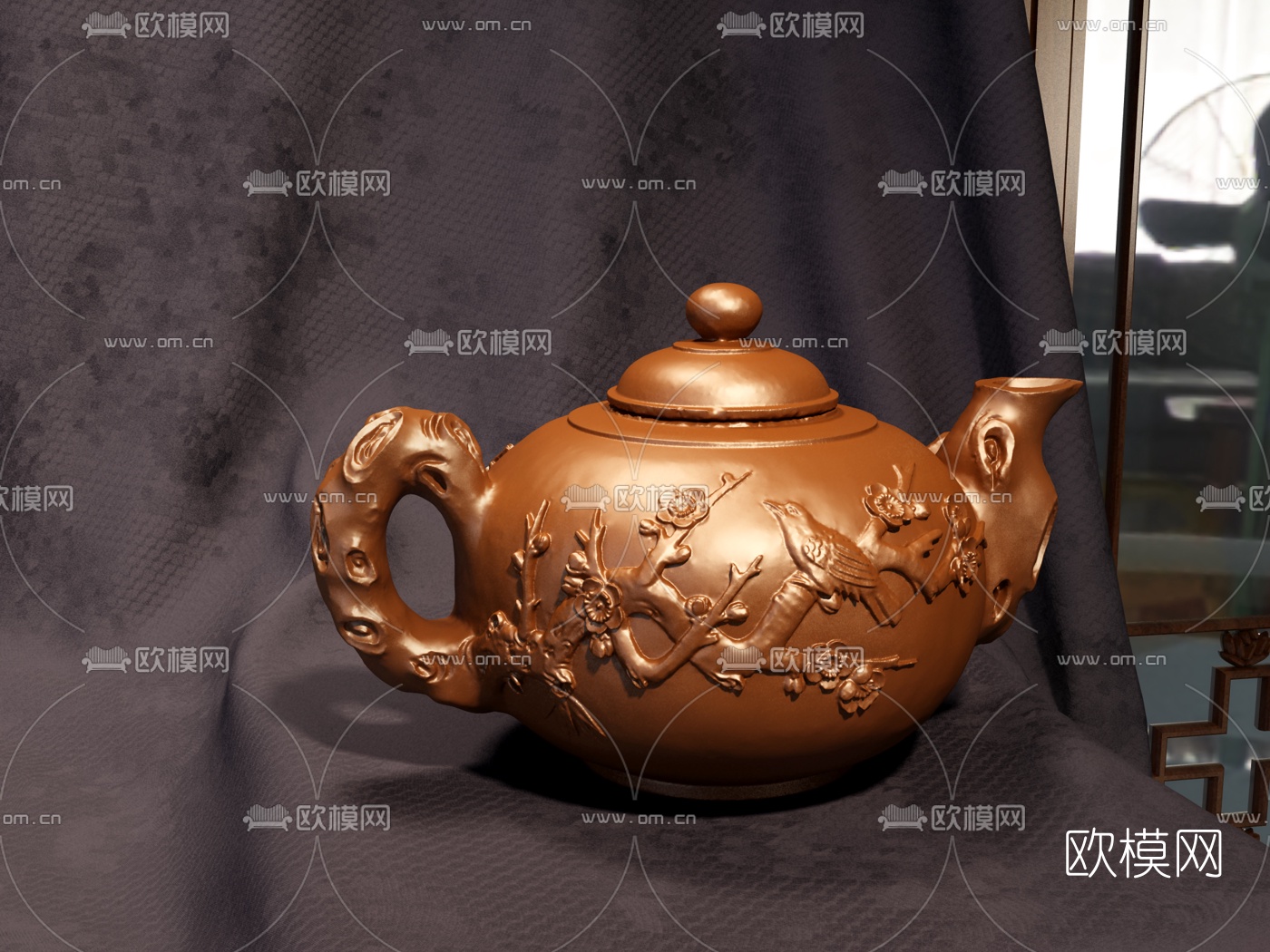 现代工艺浮雕紫砂壶3d模型下载（渲染图2）