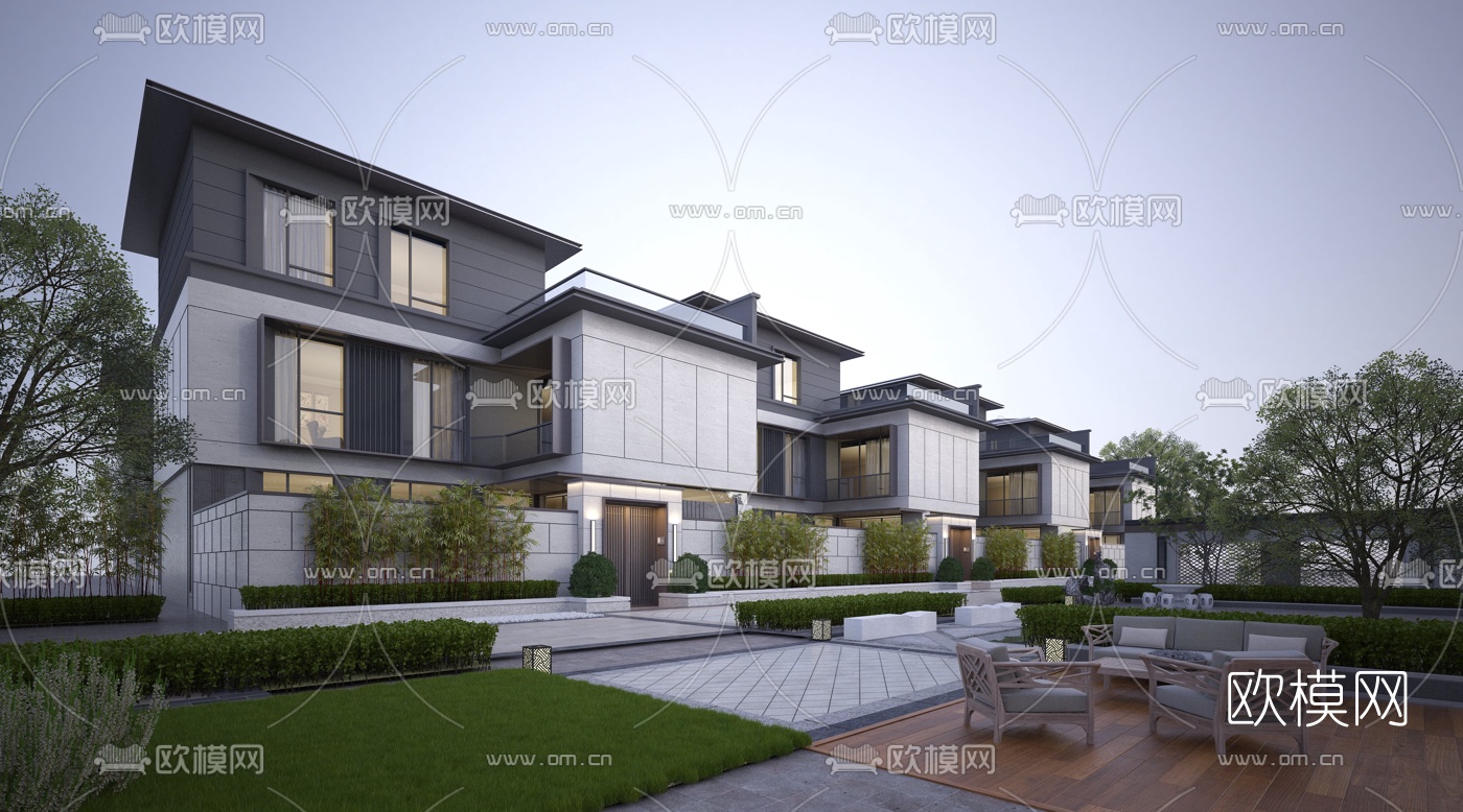 新中式联排别墅外观3d模型下载