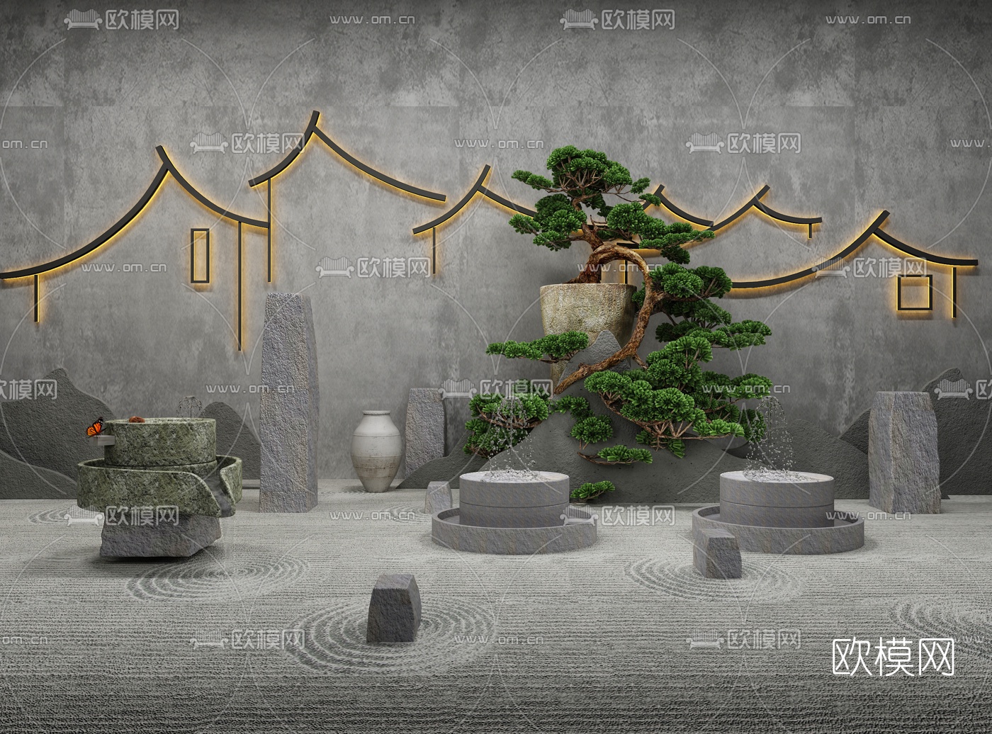 新中式庭院景观小品3d模型