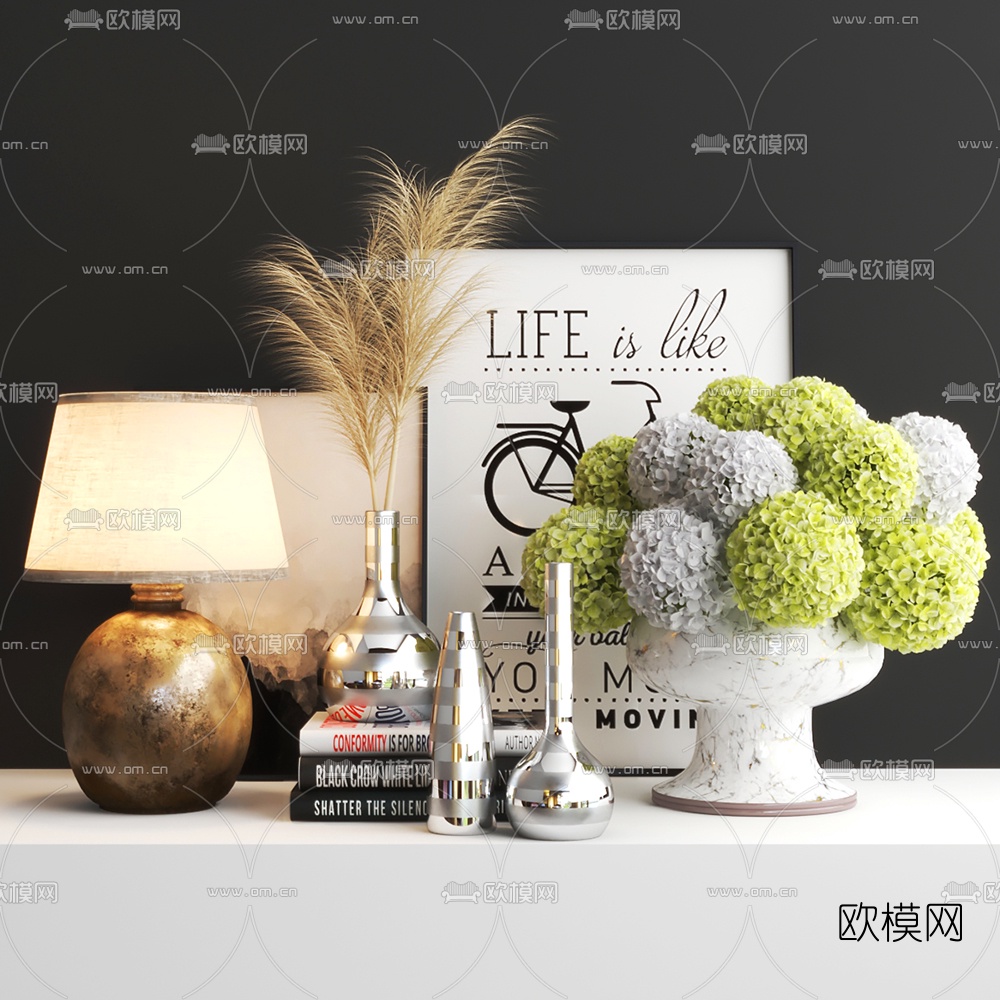 现代花瓶绣球花装饰画摆件3d模型
