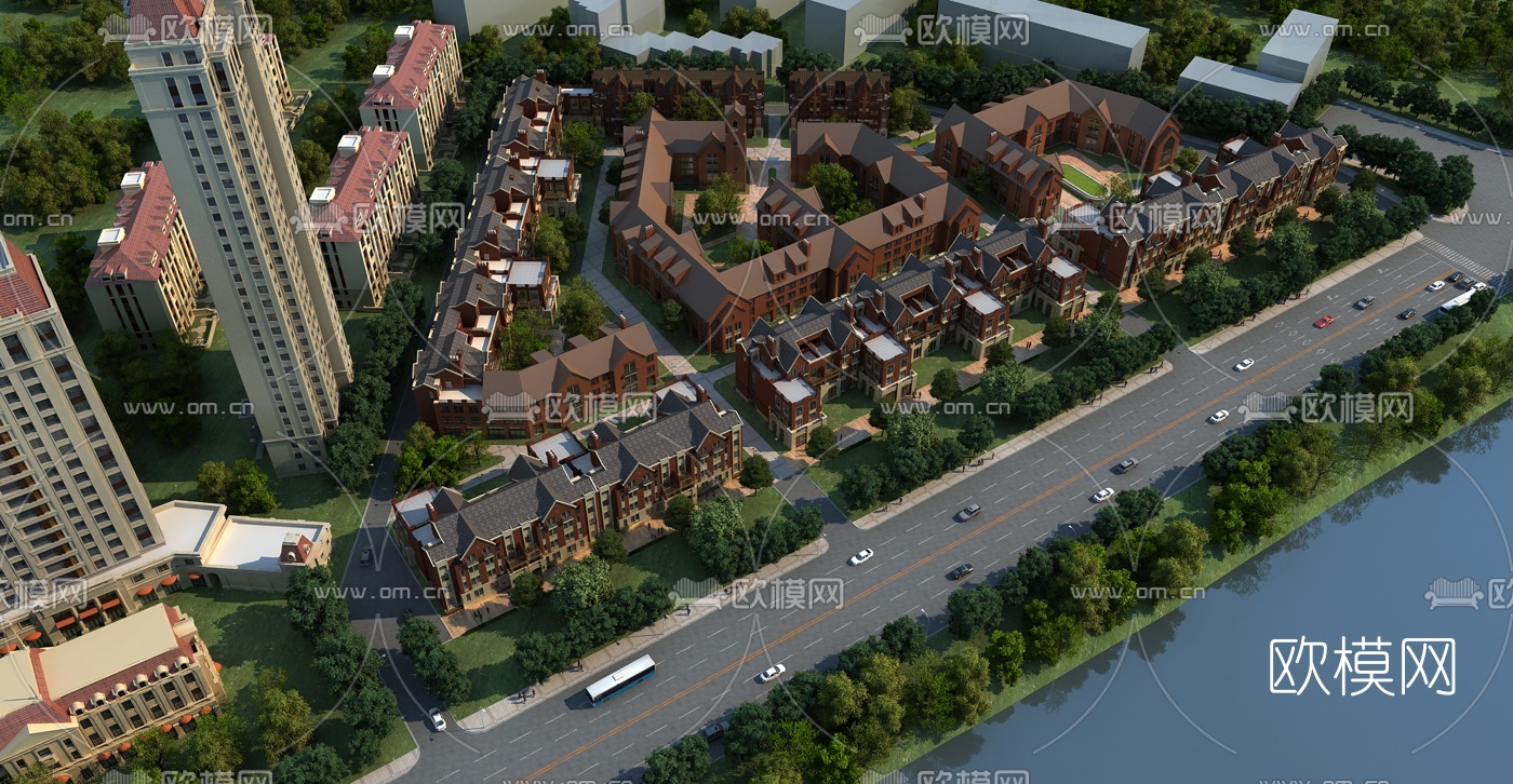 欧式别墅住宅鸟瞰规划3d模型下载