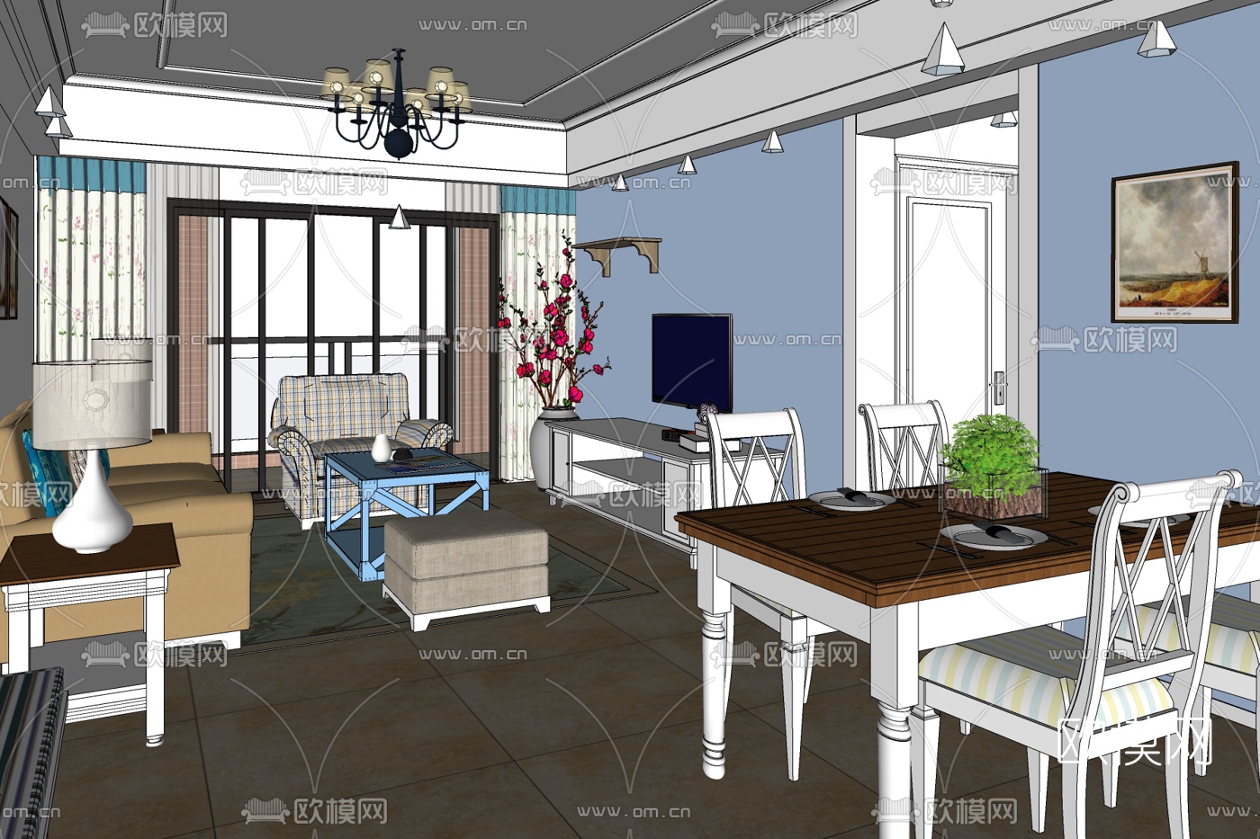 地中海客厅免费su模型下载