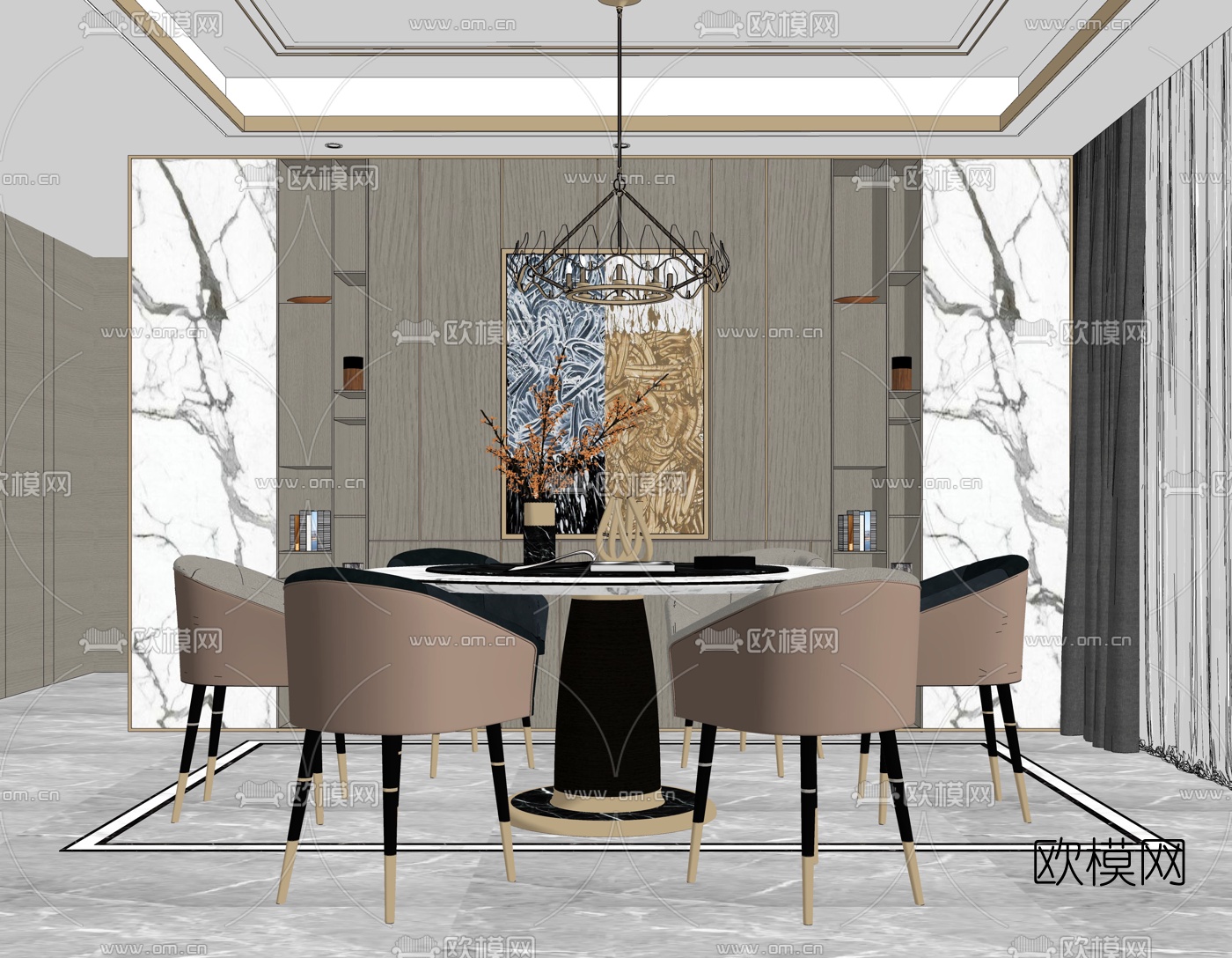 新中式轻奢餐厅su模型下载（渲染图2）