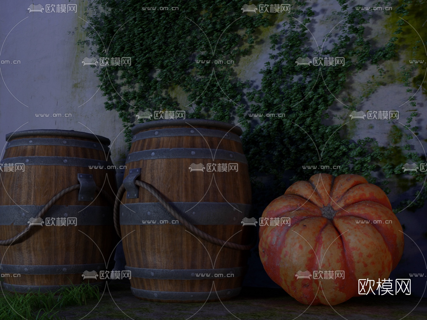 欧式南瓜木桶摆件组合3d模型下载（渲染图1）