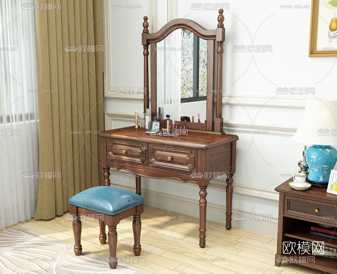 美式实木梳妆台3d模型下载（渲染图2）
