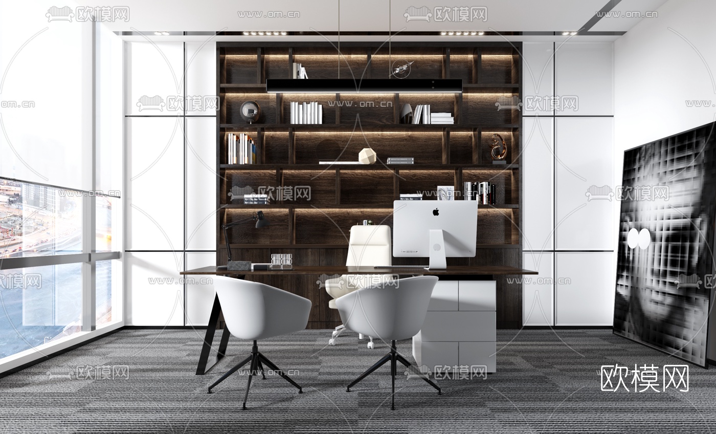 现代班台桌椅书柜3d模型下载