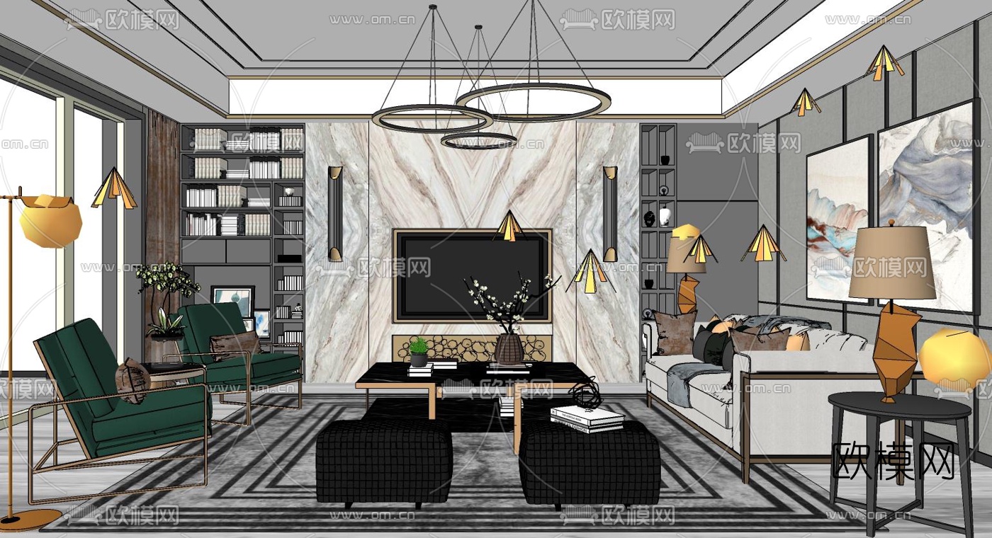 现代轻奢客厅su模型