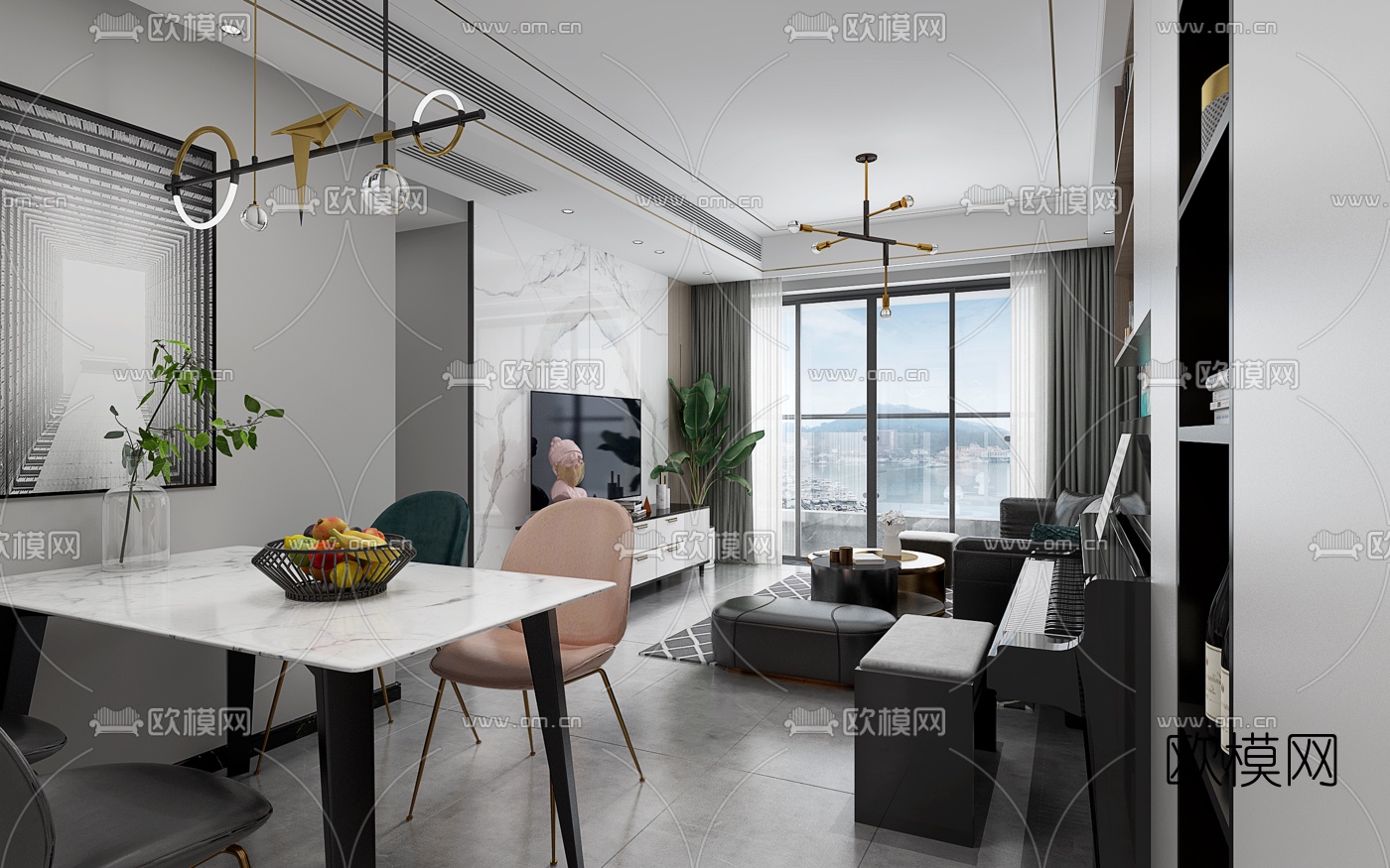 现代客厅餐厅3d模型