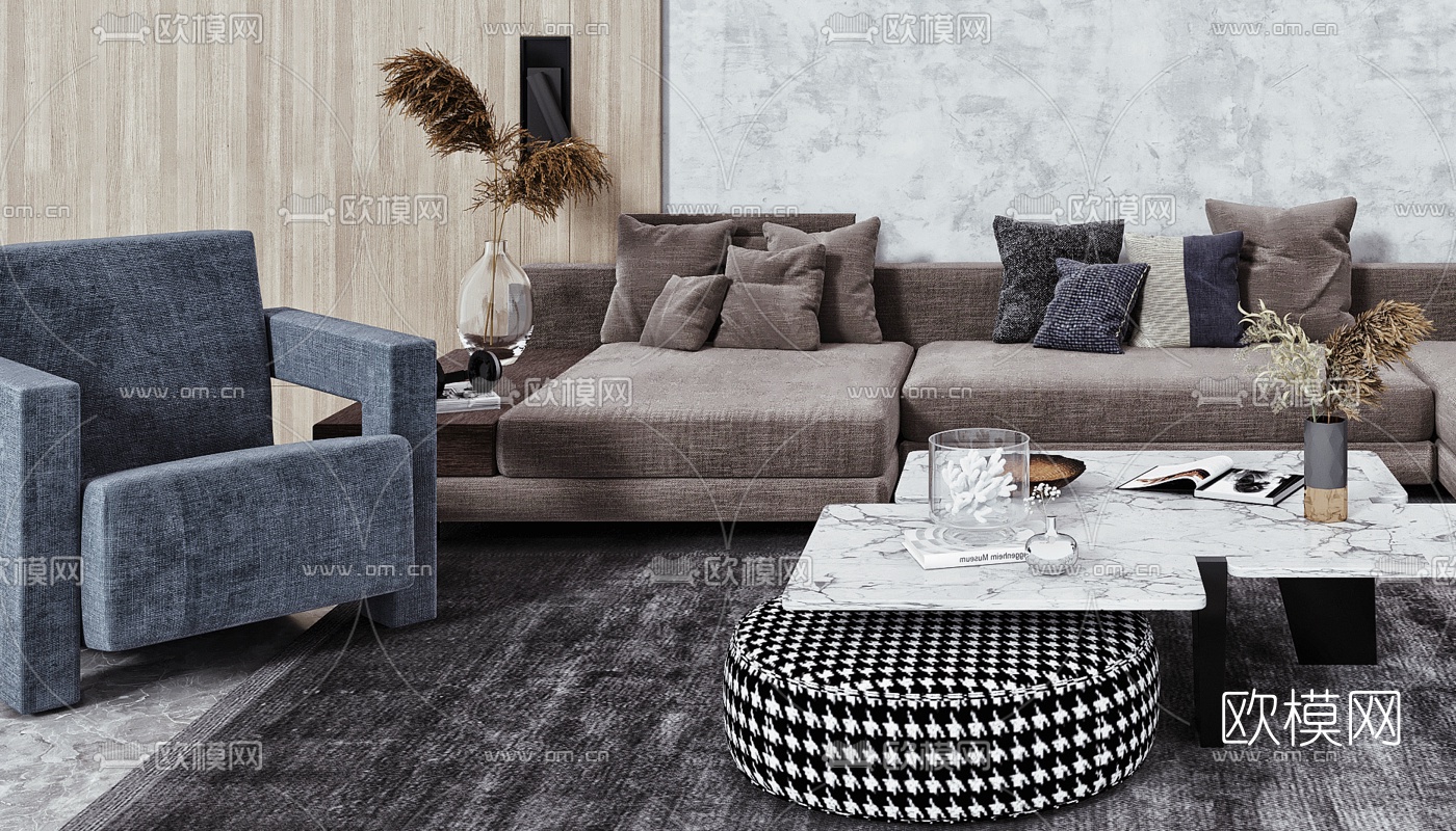 北欧布艺沙发组合3d模型下载（渲染图2）