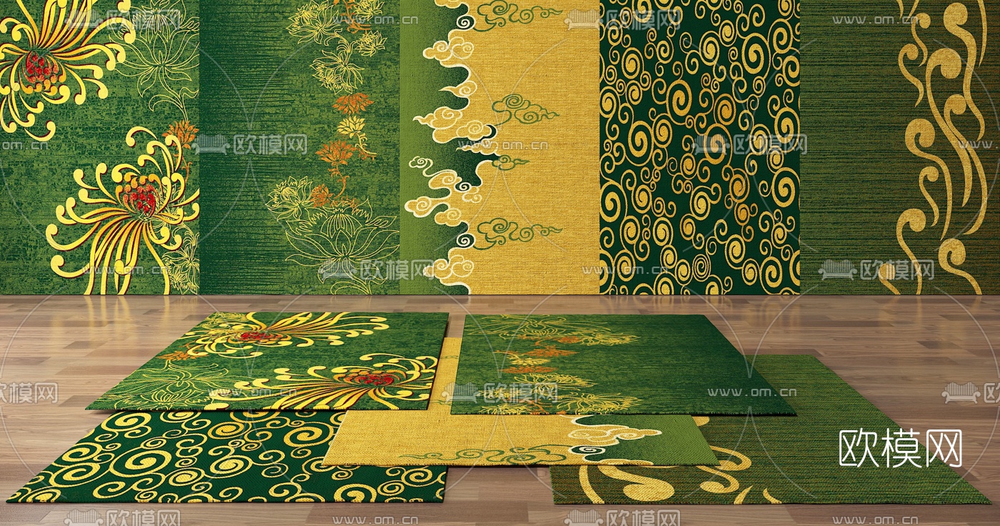 新中式牡丹祥云地毯组合3d模型