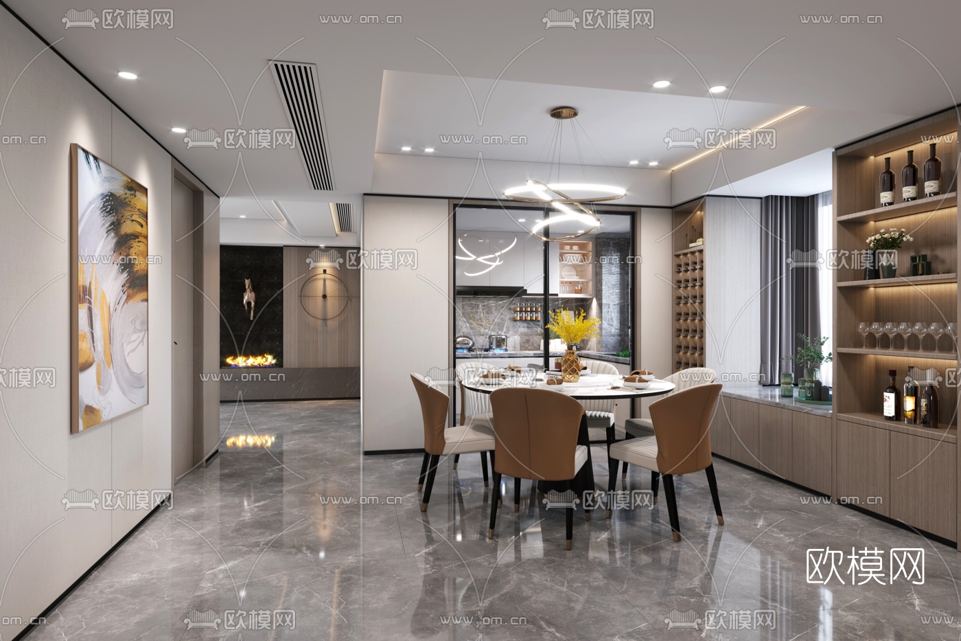 现代轻奢餐厅3d模型下载（渲染图1）