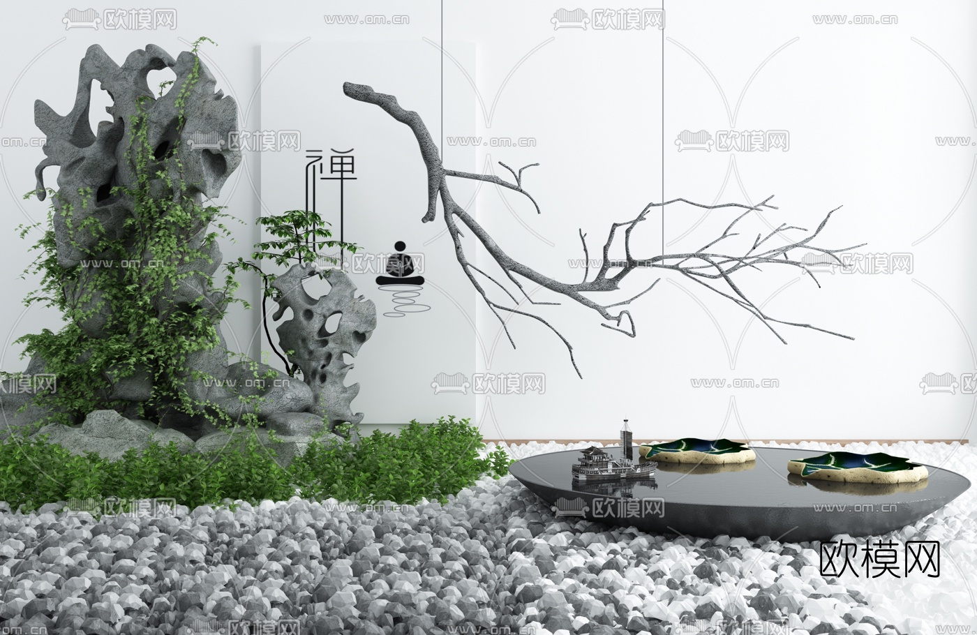 新中式假山藤蔓水池景观小品3d模型
