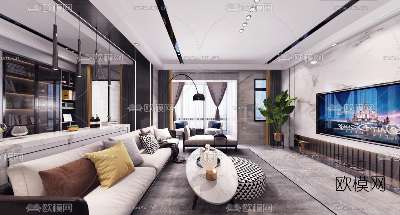 现代高级灰客厅餐厅vr全景3d模型