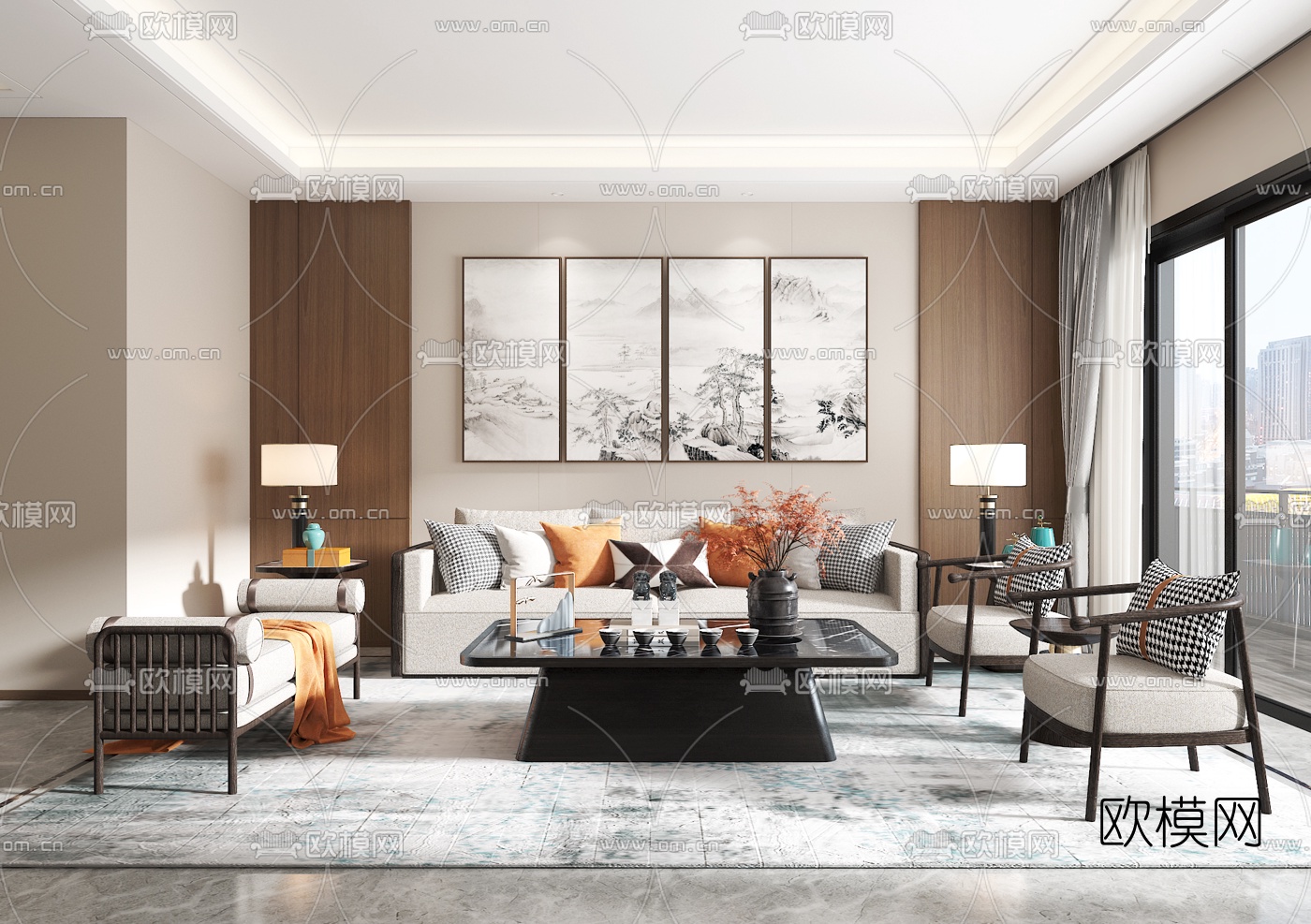 新中式客厅沙发组合3d模型下载