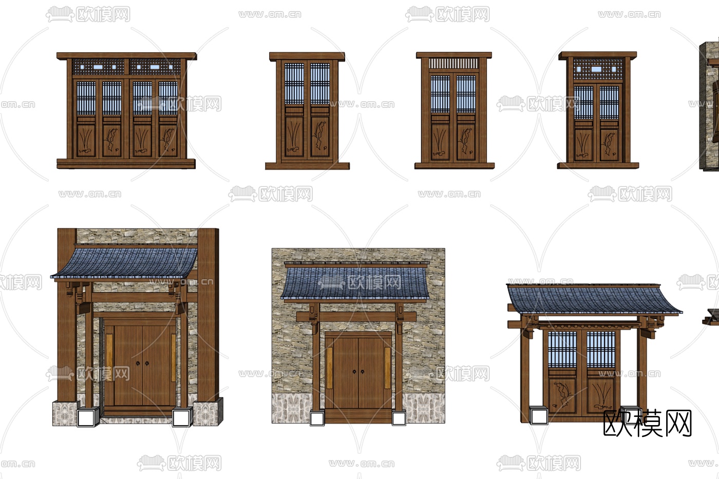 新中式大门构件组合免费su模型下载