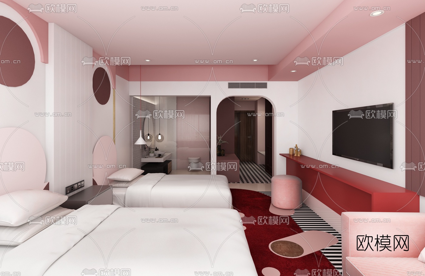 北欧网红酒店客房双床房3d模型下载（渲染图1）