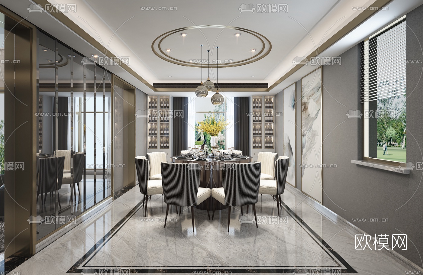 现代轻奢别墅客厅餐厅3d模型