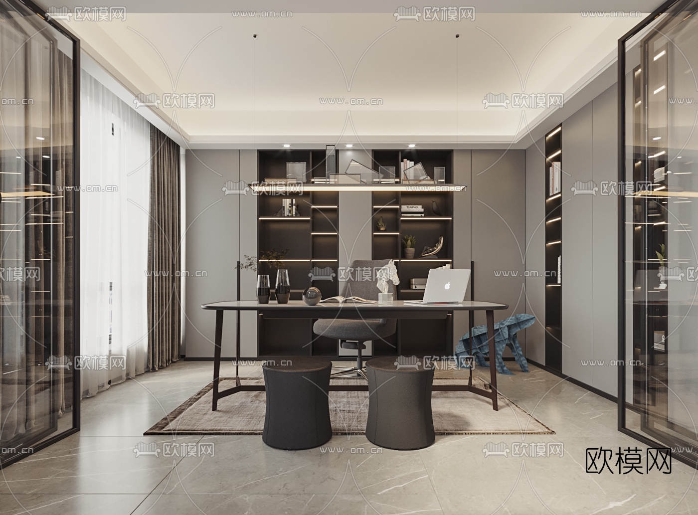 现代别墅客厅餐厅书房3d模型