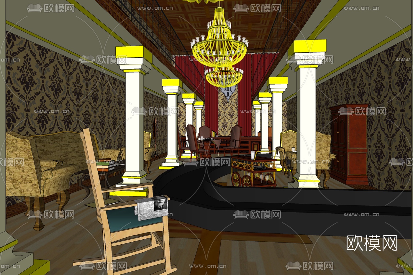 欧式古典别墅大堂免费su模型下载