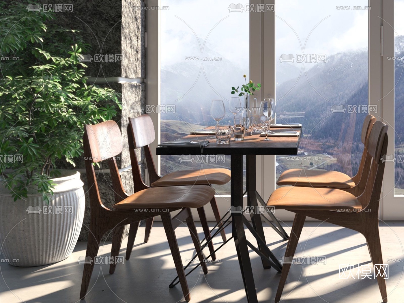 北欧原木餐桌椅3d模型下载（渲染图1）