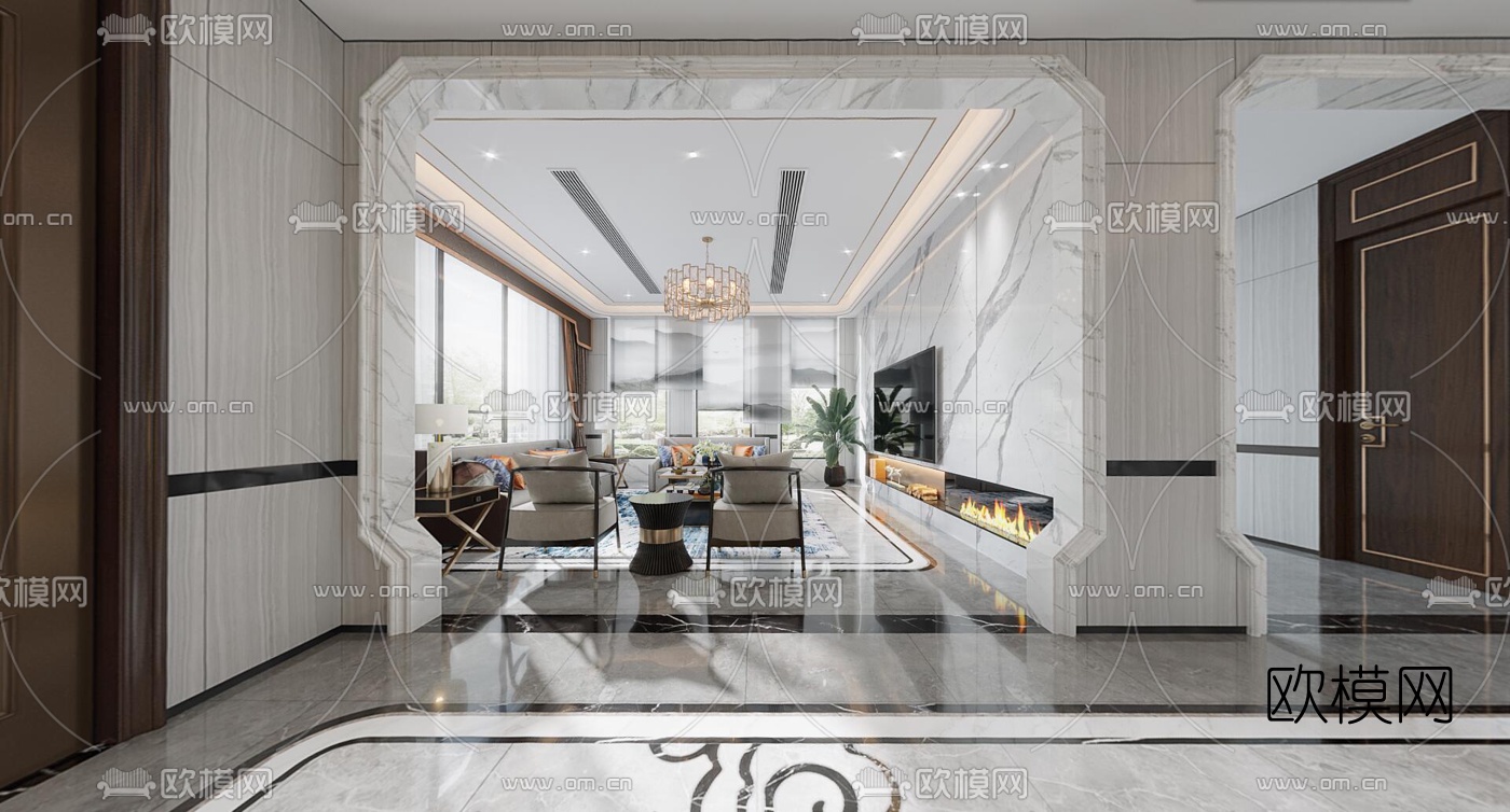 新中式客厅餐厅门厅vr全景3d模型
