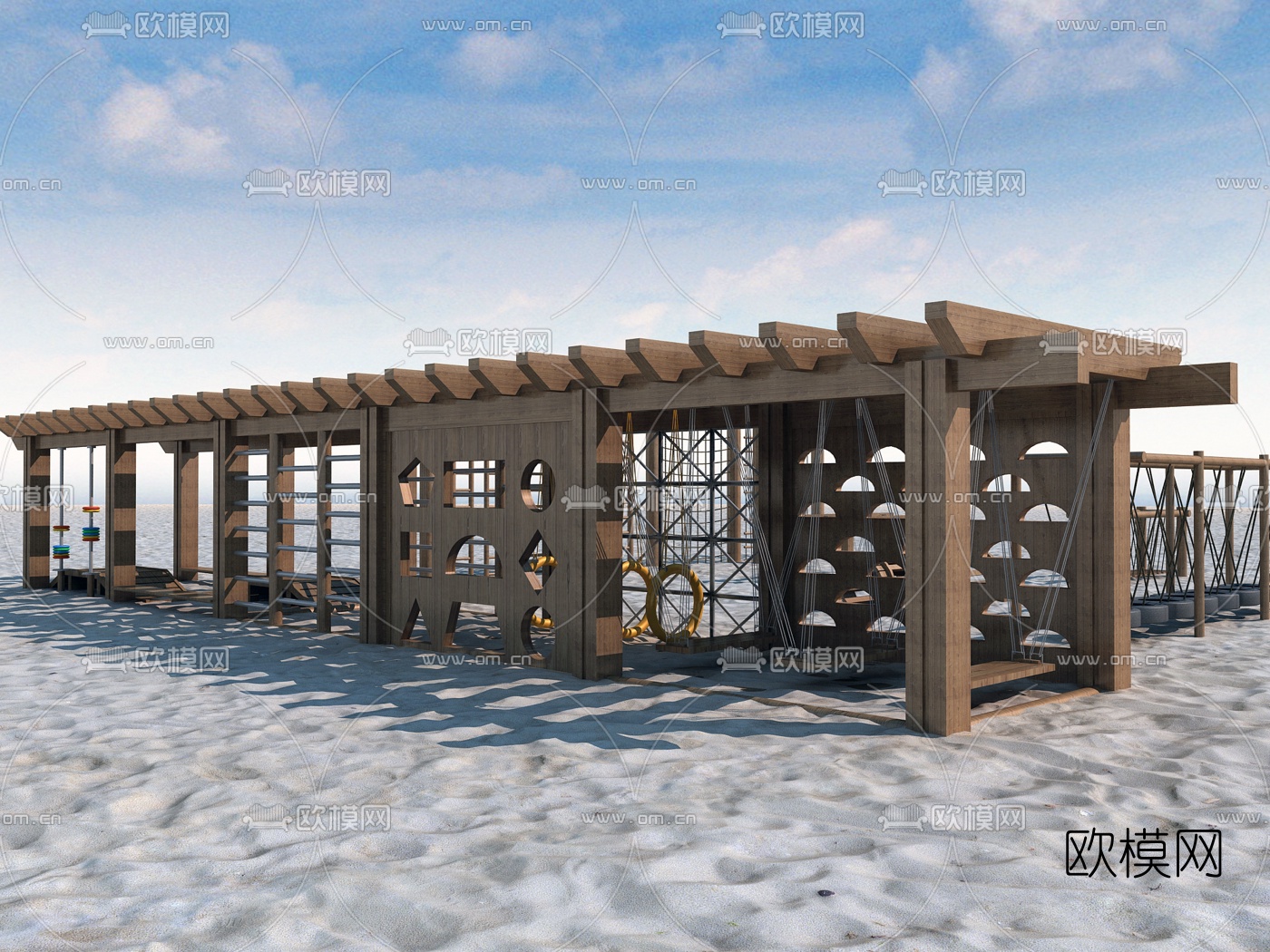 自然风儿童攀爬拓展训练设施3d模型下载（渲染图3）