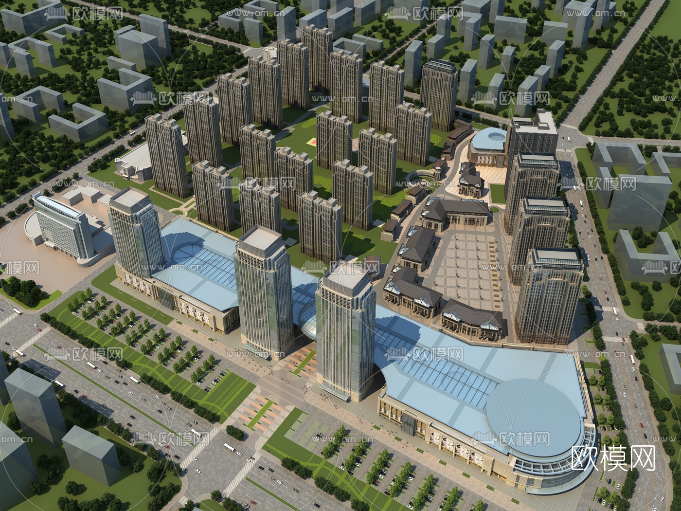 现代商业广场鸟瞰3d模型-免费3dmax模型库-欧模网
